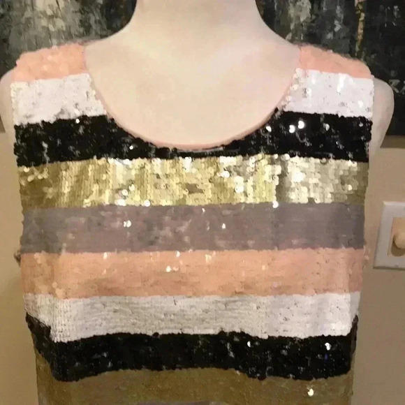 Calvin Klein Sequins Striped Black/Gold/Silver/Pink/White Top-Size L - Picture 2 of 9